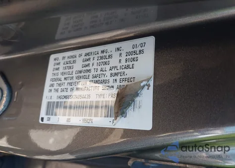 2007 Honda Accord 3.0 Ex из США, поврежденный, VIN 1HGCM665X7A054435